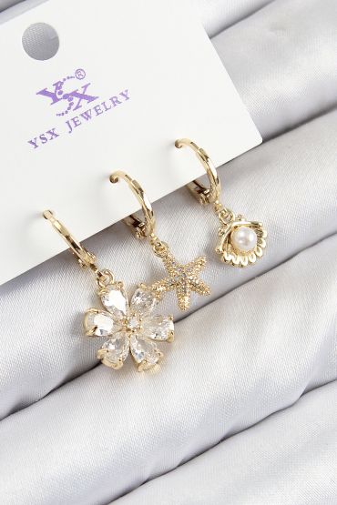 Pirinç Zirkon Taşlı 3'lü İstiridye Ve Çiçek Model Gold Renk Kadın Küpe - TJ-BKP11137