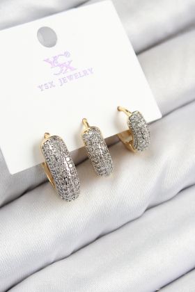 Pirinç Zirkon Taşlı 3'lü Halka Model Gold Ve Gümüş Renk Kadın Küpe - TJ-BKP11148