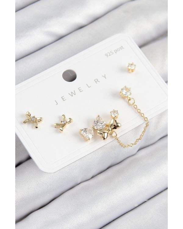 Pirinç Zirkon Taşlı Fiyonk Model Gold Renk 925 Ayar Gümüş Çivi Kadın Küpe Set - TJ-BKP11156