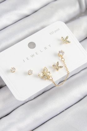 Pirinç Zirkon Taşlı Kelebek Model Gold Renk 925 Ayar Gümüş Çivi Kadın Küpe Set - TJ-BKP11160