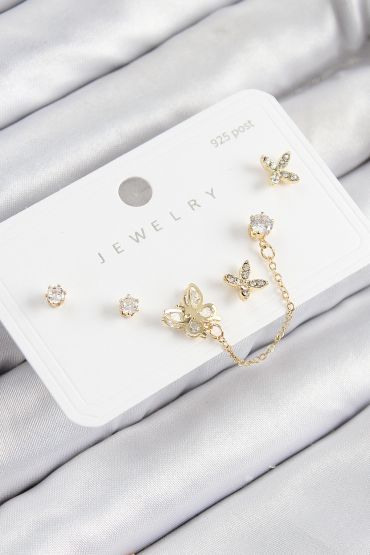 Pirinç Zirkon Taşlı Kelebek Model Gold Renk 925 Ayar Gümüş Çivi Kadın Küpe Set - TJ-BKP11160