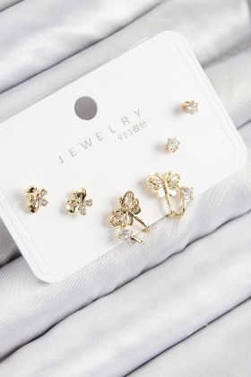 Pirinç Zirkon Taşlı Kelebek Model Gold Renk 925 Ayar Gümüş Çivi Kadın Küpe Set - TJ-BKP11164