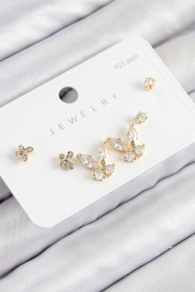 Pirinç Zirkon Taşlı Kelebek Model Gold Renk 925 Ayar Gümüş Çivi Kadın Küpe Set - TJ-BKP11166