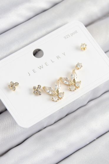 Pirinç Zirkon Taşlı Kelebek Model Gold Renk 925 Ayar Gümüş Çivi Kadın Küpe Set - TJ-BKP11166