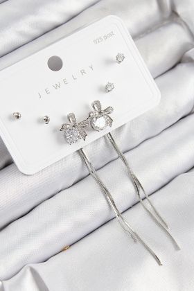 Pirinç Zirkon Taşlı Sallantılı Fiyonk Model Gümüş Renk 925 Ayar Gümüş Çivi Kadın Küpe Set - TJ-BKP11169