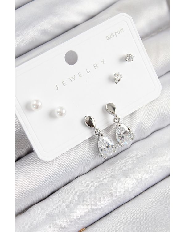 Pirinç Zirkon Taşlı Sallantılı Damla Model Gümüş Renk 925 Ayar Gümüş Çivi Kadın Küpe Set - TJ-BKP11171