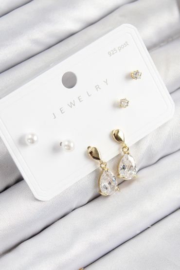 Pirinç Zirkon Taşlı Sallantılı Damla Model Gold Renk 925 Ayar Gümüş Çivi Kadın Küpe Set - TJ-BKP11172