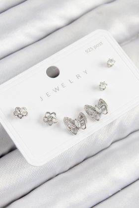 Pirinç Zirkon Taşlı Kelebek Model Gümüş Renk 925 Ayar Gümüş Çivi Kadın Küpe Set - TJ-BKP11181