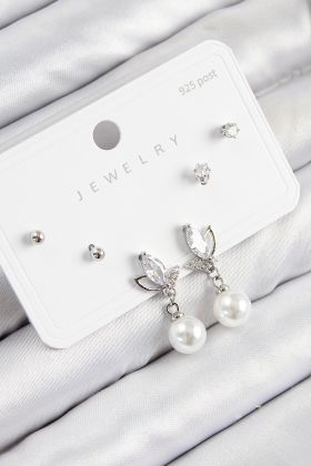 Pirinç Zirkon Taşlı İnci Sallantılı Damla Model Gümüş Renk 925 Ayar Gümüş Çivi Kadın Küpe Set - TJ-BKP11183