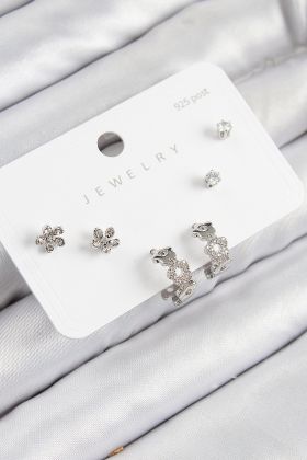 Pirinç Zirkon Taşlı Halka Model Gümüş Renk 925 Ayar Gümüş Çivi Kadın Küpe Set - TJ-BKP11185