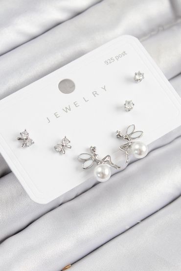 Pirinç Zirkon Taşlı İnci Melek Model Gümüş Renk 925 Ayar Gümüş Çivi Kadın Küpe Set - TJ-BKP11187