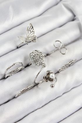 Pirinç Gül Kelebek Model Gümüş Renk Kadın Yüzük Kombin Set - TJ-BYK3810