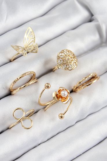Pirinç Gül Kelebek Model Gümüş Renk Kadın Yüzük Kombin Set - TJ-BYK3811