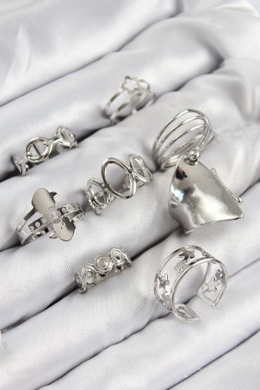 Pirinç Sarmal Ve Yıldız Model Gümüş Renk Kadın Yüzük Kombin Set - TJ-BYK3812