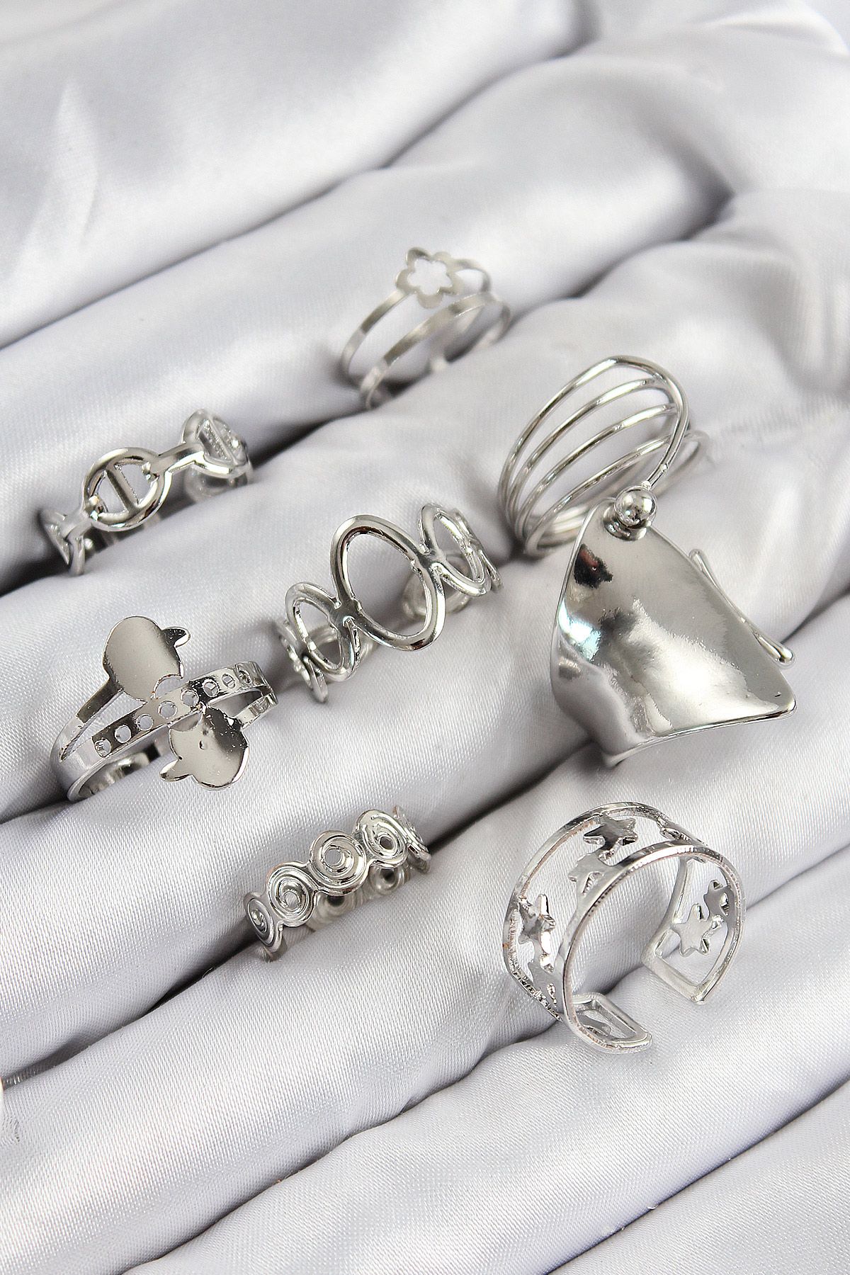 Pirinç Sarmal Ve Yıldız Model Gümüş Renk Kadın Yüzük Kombin Set - TJ-BYK3812