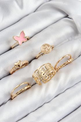Pirinç Kelebek Ve Kalp Model Gold Renk Kadın Yüzük Kombin Set - TJ-BYK3817