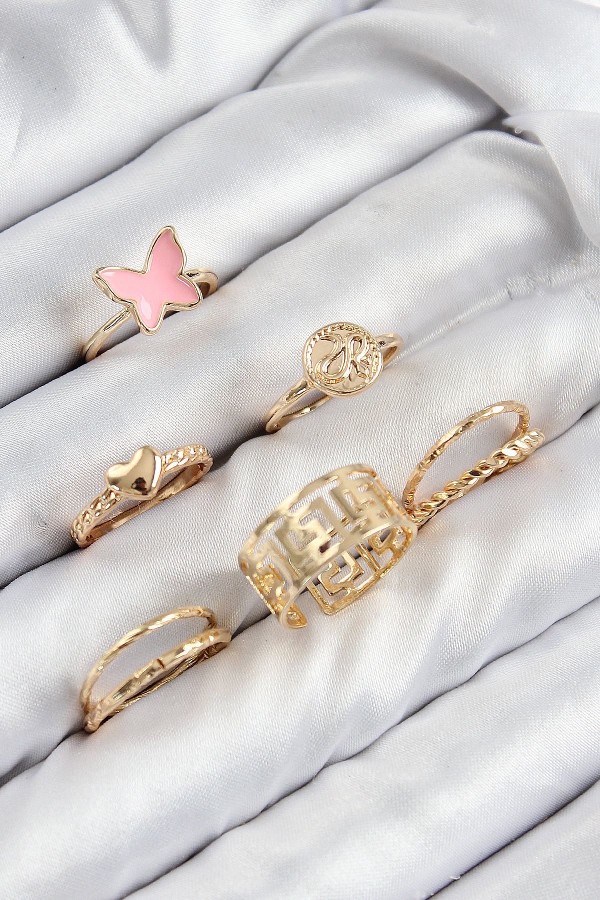 Pirinç Kelebek Ve Kalp Model Gold Renk Kadın Yüzük Kombin Set - TJ-BYK3817