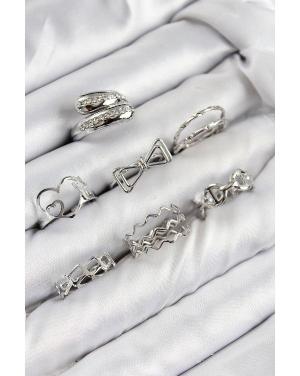 Pirinç Zirkon Taşlı Fiyonk Ve Kalp Model Gümüş Renk Kadın Yüzük Kombin Set - TJ-BYK3822