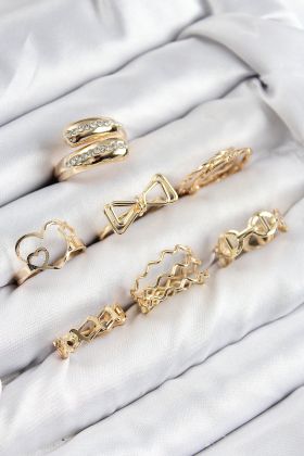 Pirinç Zirkon Taşlı Fiyonk Ve Kalp Model Gold Renk Kadın Yüzük Kombin Set - TJ-BYK3823