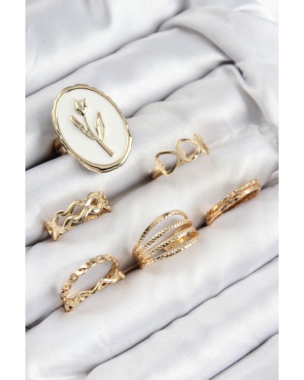 Pirinç Zirkon Taşlı Lale Model Gold Renk Kadın Yüzük Kombin Set - TJ-BYK3825