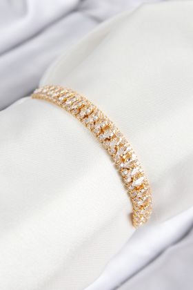 Pirinç Zirkon Taşlı Tennıs Model Gold Renk Asansörlü Kadın Bileklik - TJ-BB7717