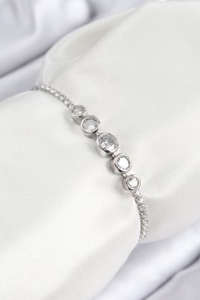 Pirinç Zirkon Taşlı Sıralı Daire Model Gümüş Renk Asansörlü Kadın Bileklik - TJ-BB7718