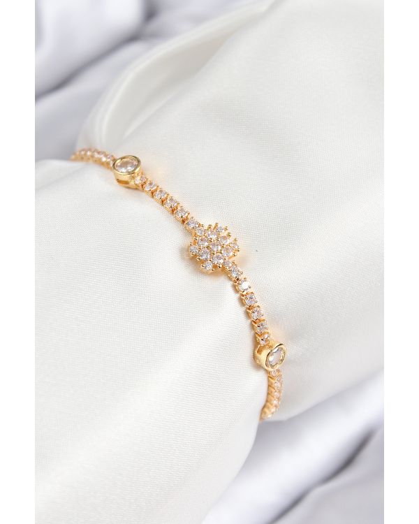 Pirinç Zirkon Taşlı Kar Tanesi Model Gold Renk Asansörlü Kadın Bileklik - TJ-BB7723