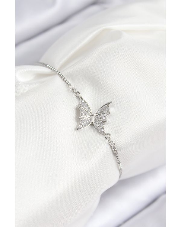 Pirinç Zirkon Taşlı Kelebek Model Gümüş Renk Asansörlü Kadın Bileklik - TJ-BB7724