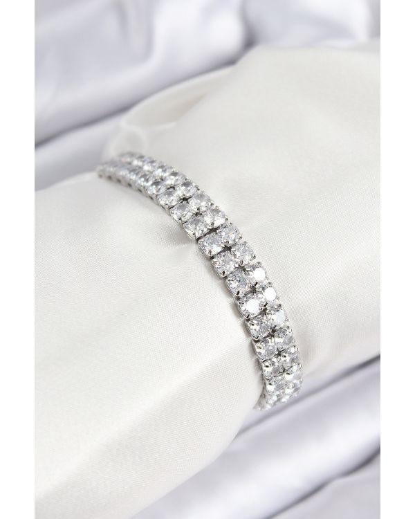 Pirinç Zirkon Taşlı Çift Sıra Kare Model Gümüş Renk Asansörlü Kadın Bileklik - TJ-BB7730