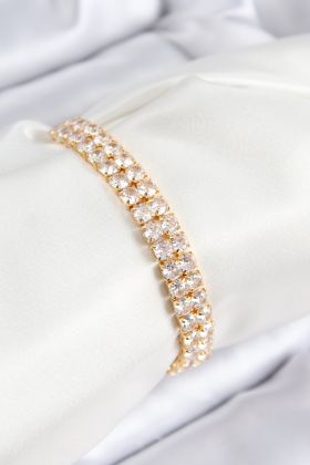 Pirinç Zirkon Taşlı Çift Sıra Kare Model Gold Renk Asansörlü Kadın Bileklik - TJ-BB7731