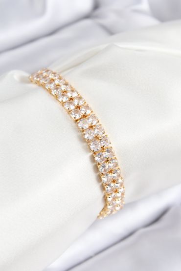 Pirinç Zirkon Taşlı Çift Sıra Kare Model Gold Renk Asansörlü Kadın Bileklik - TJ-BB7731