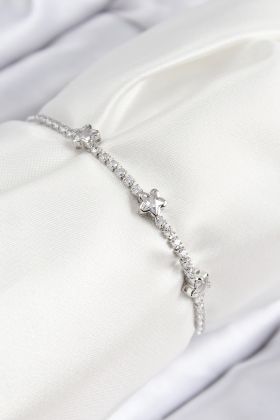 Pirinç Zirkon Taşlı Yıldız Model Gümüş Renk Asansörlü Kadın Bileklik - TJ-BB7736