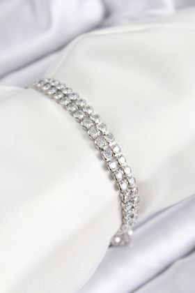 Pirinç Zirkon Taşlı Çift Sıra Model Gümüş Renk Asansörlü Kadın Bileklik - TJ-BB7738