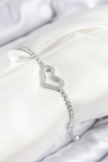 Pirinç Zirkon Taşlı Kalp Model Gümüş Renk Asansörlü Kadın Bileklik - TJ-BB7742