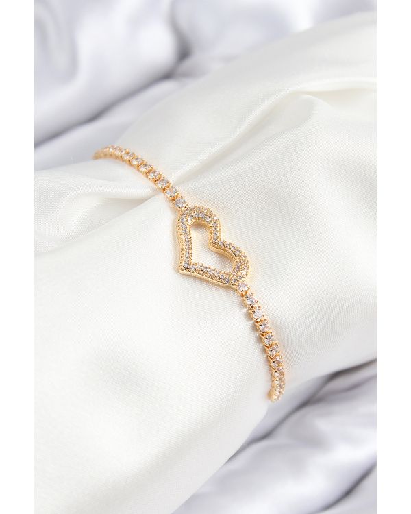 Pirinç Zirkon Taşlı Kalp Model Gümüş Renk Asansörlü Kadın Bileklik - TJ-BB7743