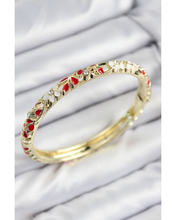 Mineli Pirinç Zirkon Taşlı Kırmızı Çiçek Motifli Gold Kadın Kelepçe - TJ-BB7762