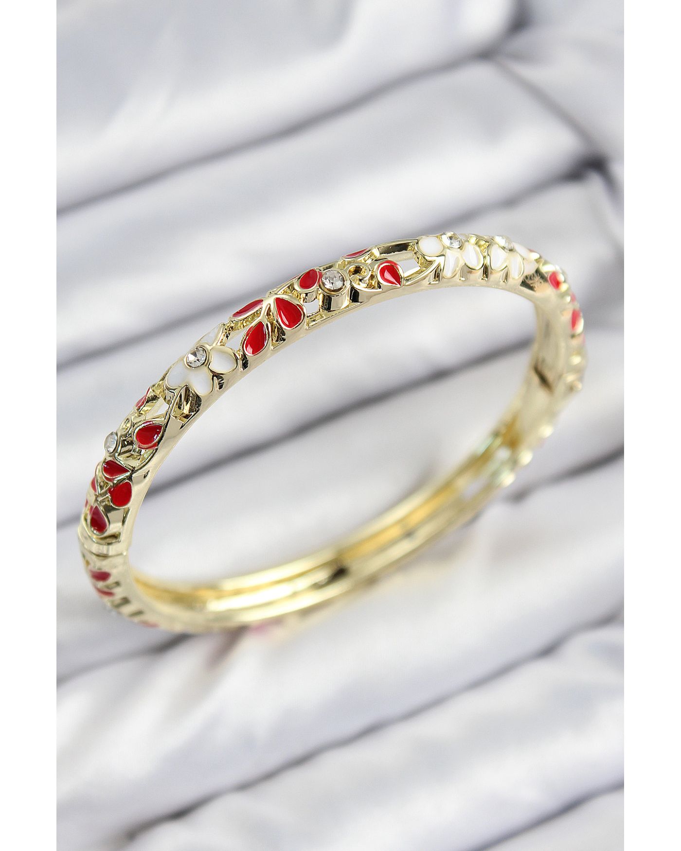 Mineli Pirinç Zirkon Taşlı Kırmızı Çiçek Motifli Gold Kadın Kelepçe - TJ-BB7762