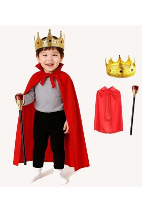 Çocuk Kral Kostüm Seti – Kırmızı Pelerin, Taç ve Asa (90 cm)