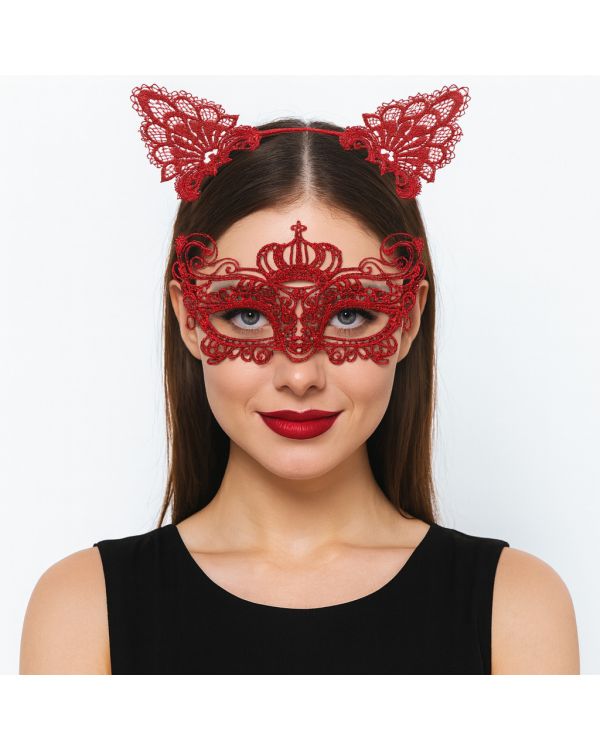 Lüks Kırmızı Dantel Taçlı Maske Seti 2 No - Parti, Balo, Kostüm Aksesuarı