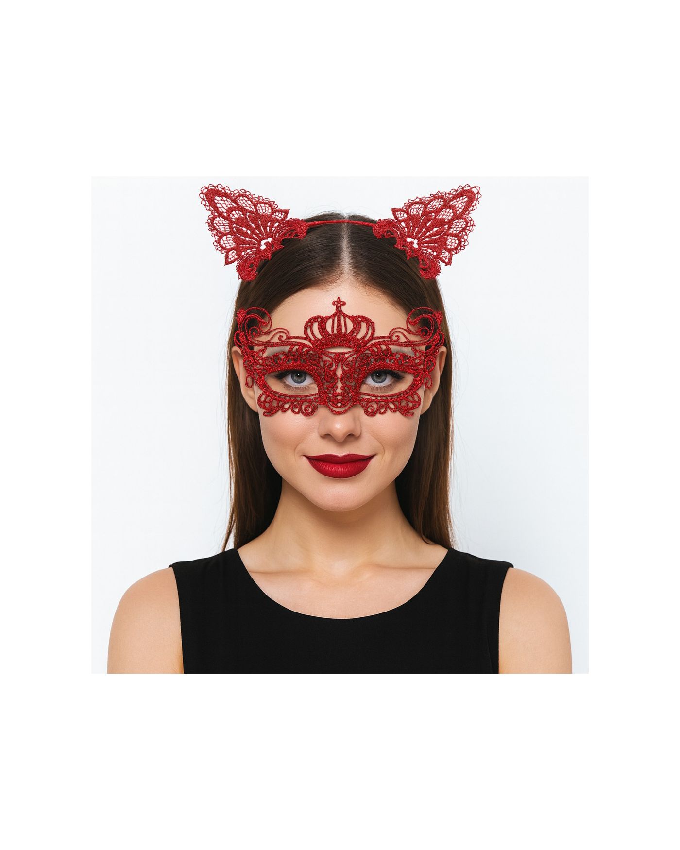 Lüks Kırmızı Dantel Taçlı Maske Seti 2 No - Parti, Balo, Kostüm Aksesuarı