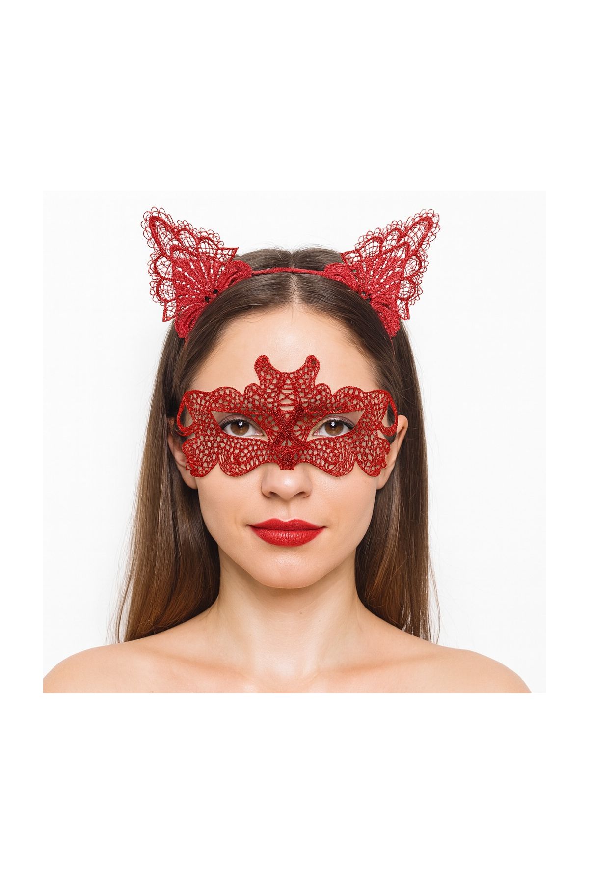 Ateş Kırmızısı Dantel Taç ve Maske Seti 10 No - Maskeli Balo & Özel Gün Seti