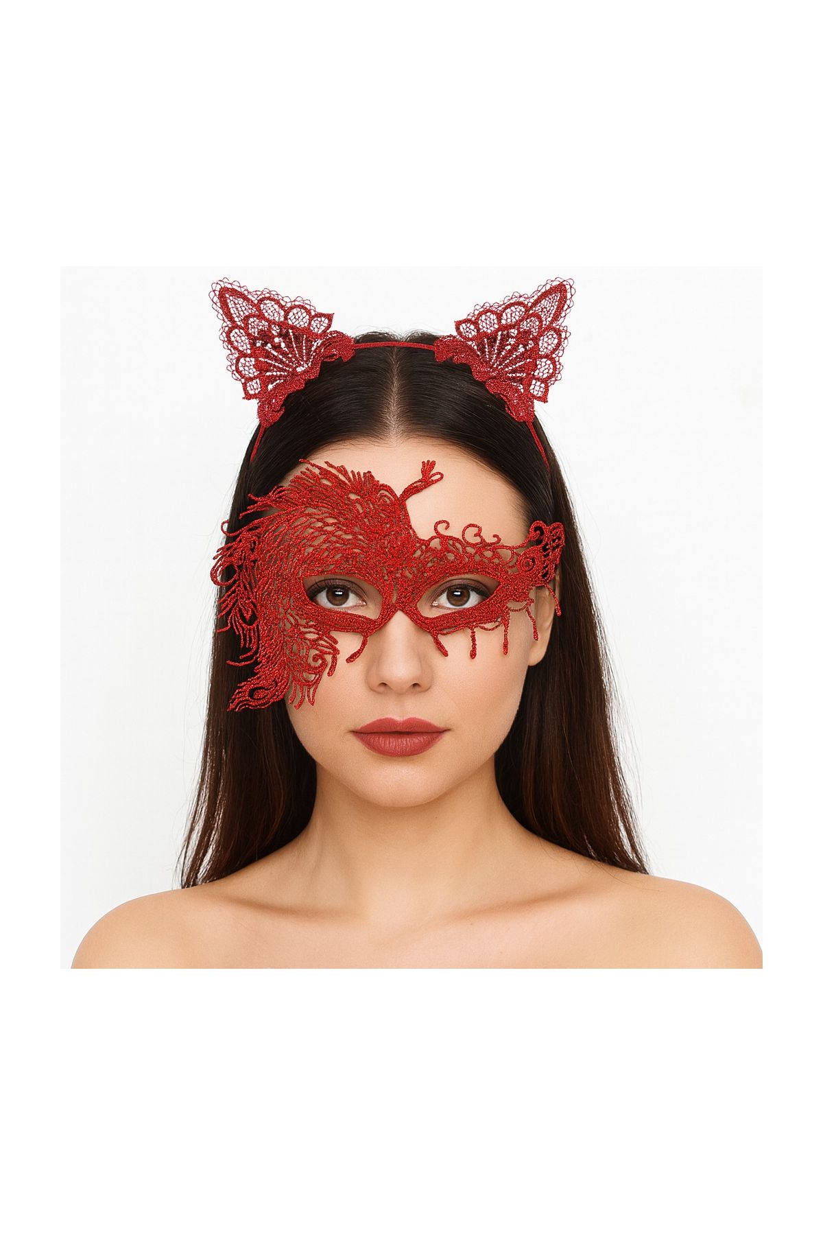 Alevin Zarafeti Kırmızı Dantel Maske ve Taç Seti 4 No – Kadın Kostüm Tamamlayıcı