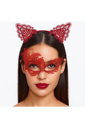Gizemli Kırmızı Dantel Maske ve Taç Seti 1 No - Kostüm Seti