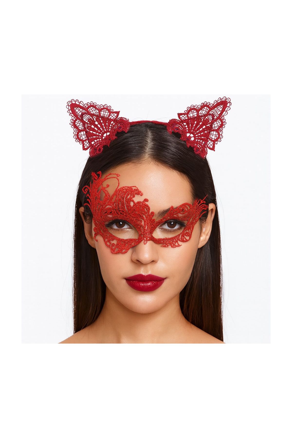 Gizemli Kırmızı Dantel Maske ve Taç Seti 1 No - Kostüm Seti