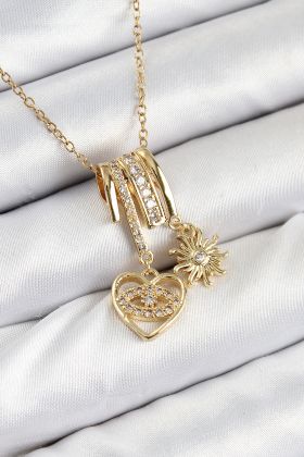 316L Çelik Zirkon Taşlı Sallantılı Kalp Ve Güneş Model Gold Renk Kadın Kolye - TJ-BKO10478