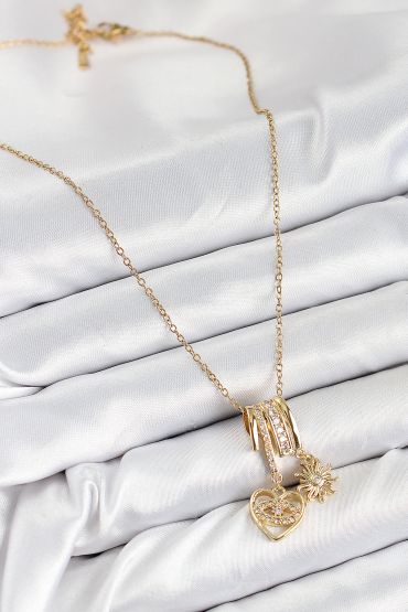 316L Çelik Zirkon Taşlı Sallantılı Kalp Ve Güneş Model Gold Renk Kadın Kolye - TJ-BKO10478