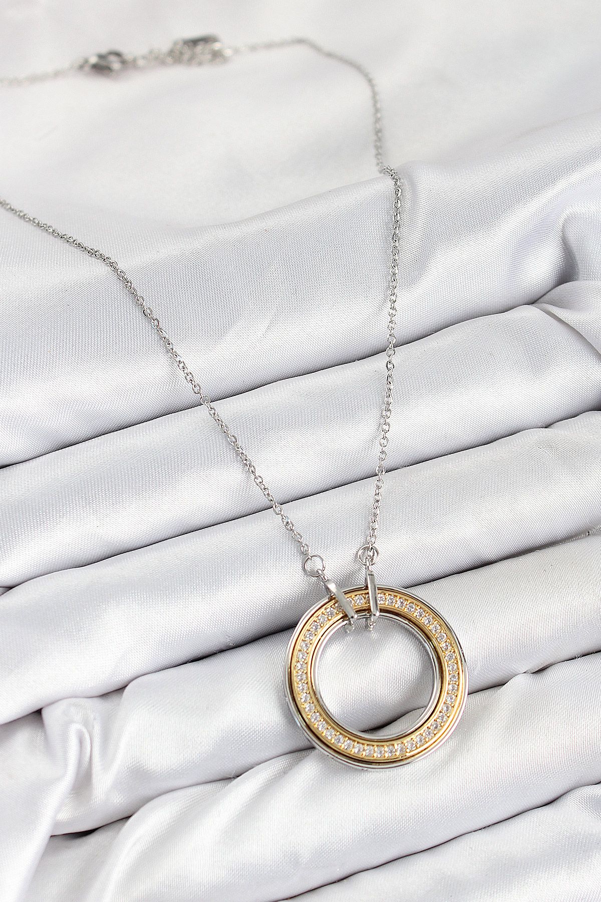 316L Çelik Zirkon Taşlı Dönen Daire Model Gold Ve Gümüş Renk Kadın Kolye - TJ-BKO10479