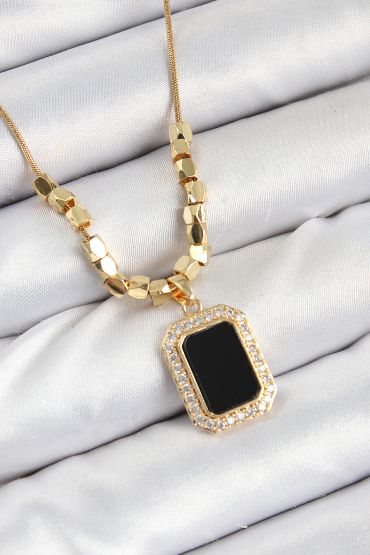 316L Çelik Zirkon Taşlı Siyah Baget Model Gold Renk Kadın Kolye - TJ-BKO10480