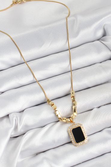 316L Çelik Zirkon Taşlı Siyah Baget Model Gold Renk Kadın Kolye - TJ-BKO10480