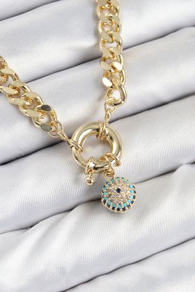 Pirinç Zirkon Taşlı Nazar Boncuk Detaylı Klasik Zincir Model Gold Renk Kadın Kolye - TJ-BKO10482